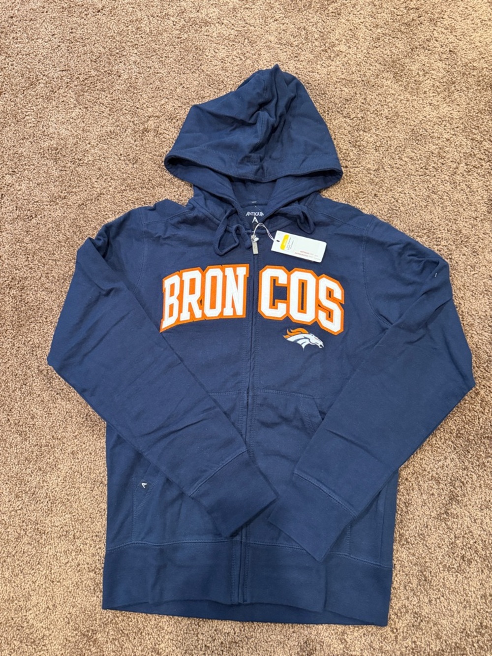 Antigua Navy Denver Broncos Full-Zip Hoodie with Orange Lettering